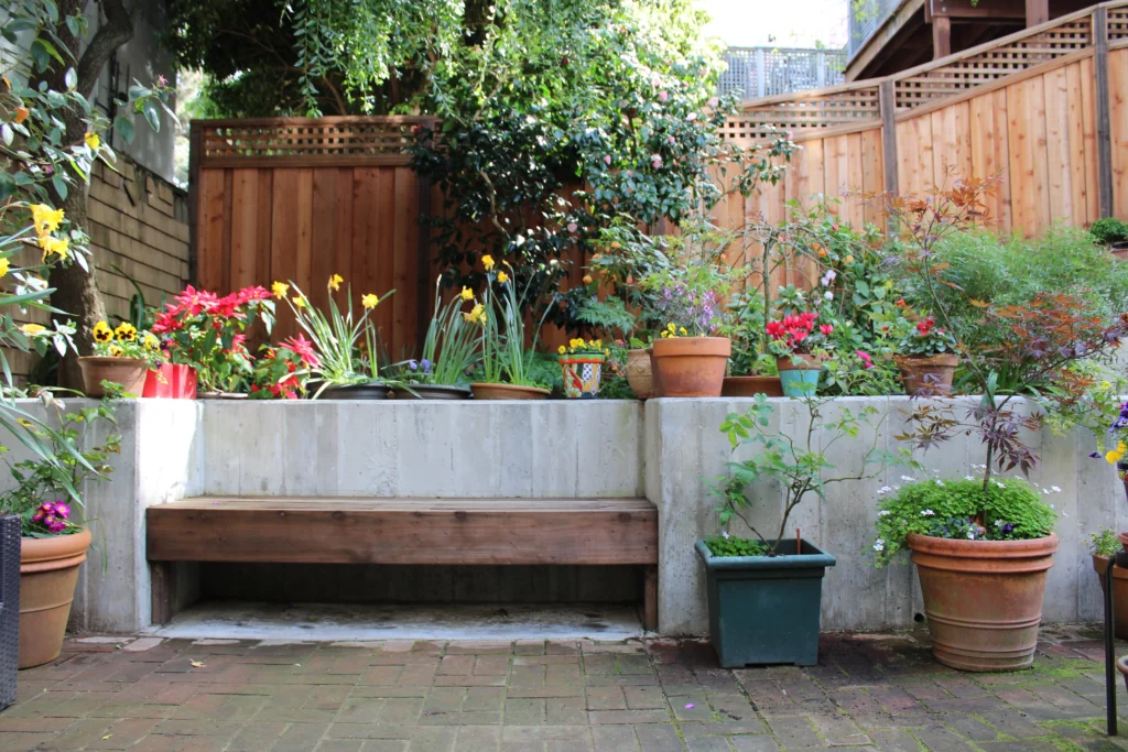 A wooden bench is set against a concrete planter, surrounded by potted plants and flowers in a sunlit backyard with a wooden fence.